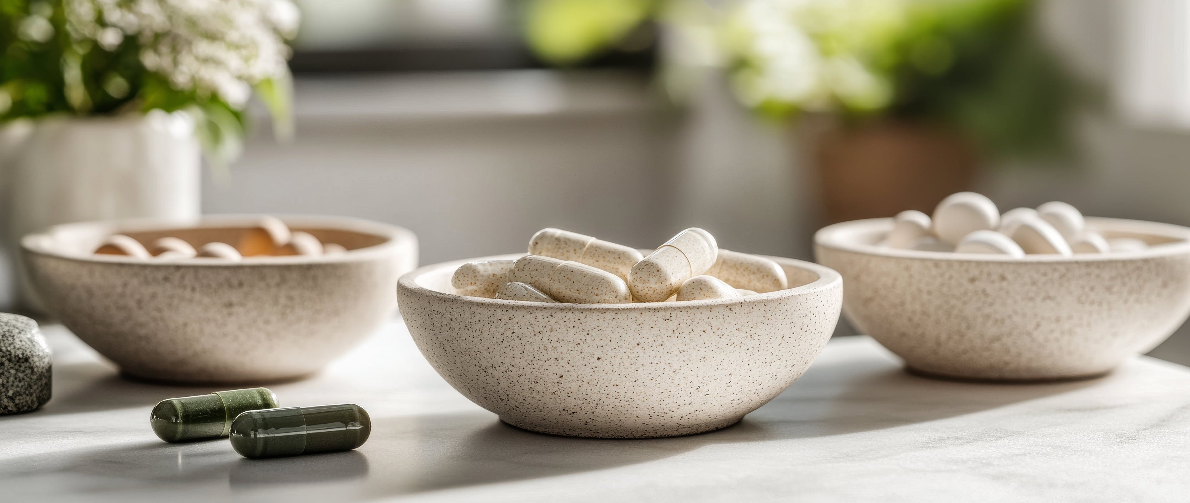 Bundled Wellness. 3 small ramekin dishes with different capsules in each - as some things are made to be taken together!