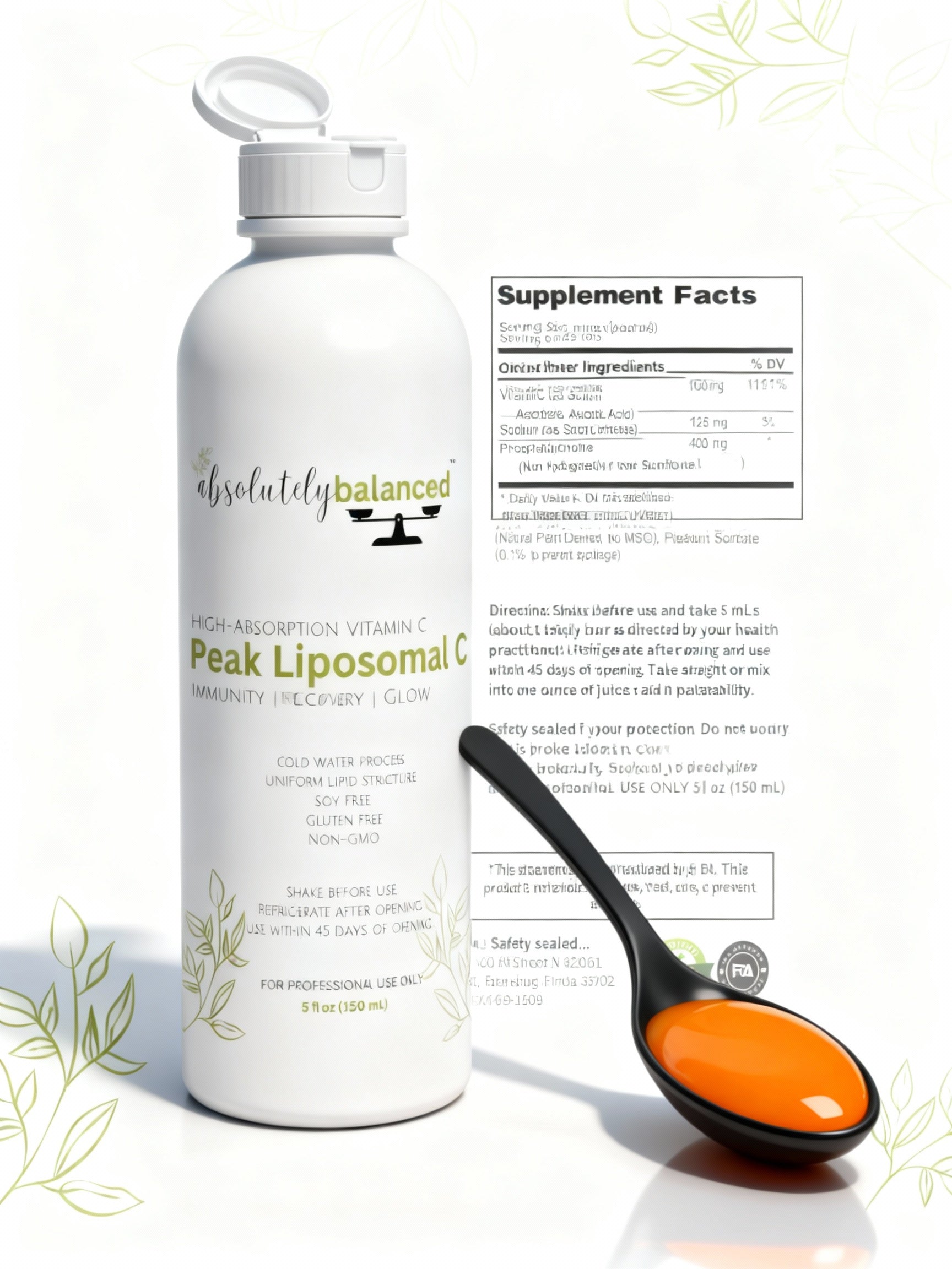 Supplement bottle with a spoonful of supplement on a white background